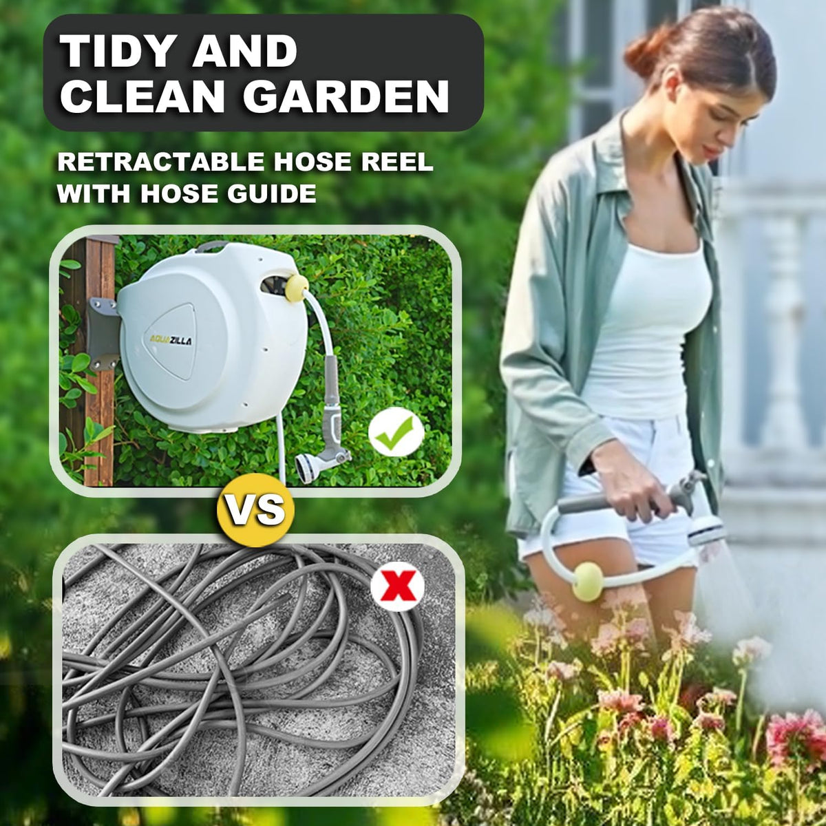 Retractable Garden Hose Reel, 1/2 in 120+6 ft, Heavy Duty Wall Mounted Water Hose Reel, Spring Power Automatic Rewind, Any Length Lock, 180° Swivel Bracket, 10 Pattern Spray Nozzle