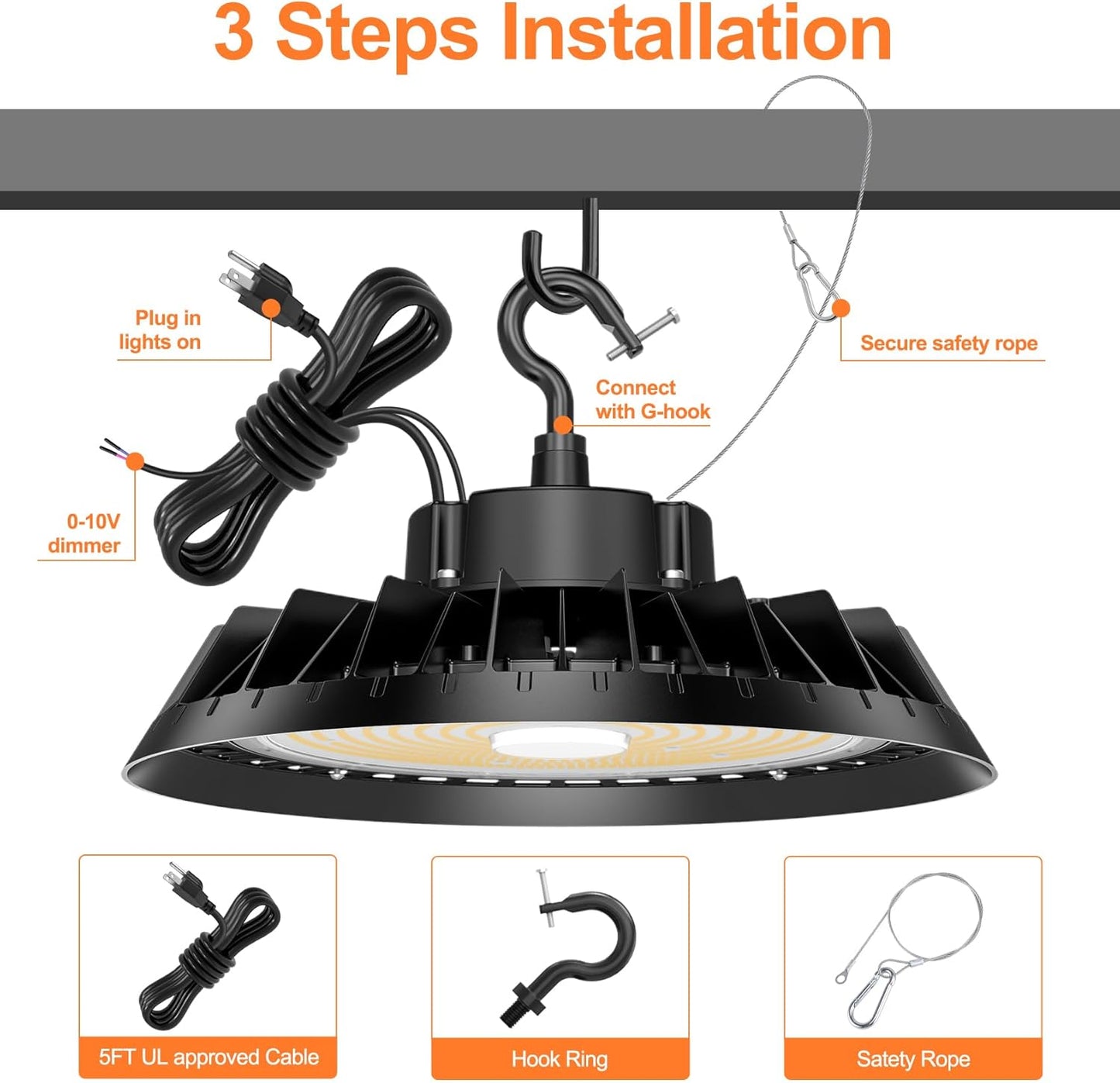 3Pack LED High Bay Lights, Super Bright 240W UFO High Bay LED Shop Lights, 36000LM 5000K, 0-10V Dimmable, 5' Cable Plug, IP65 Waterproof, ETL Listed Plug & Play Lighting for Gym Factory Warehouse
