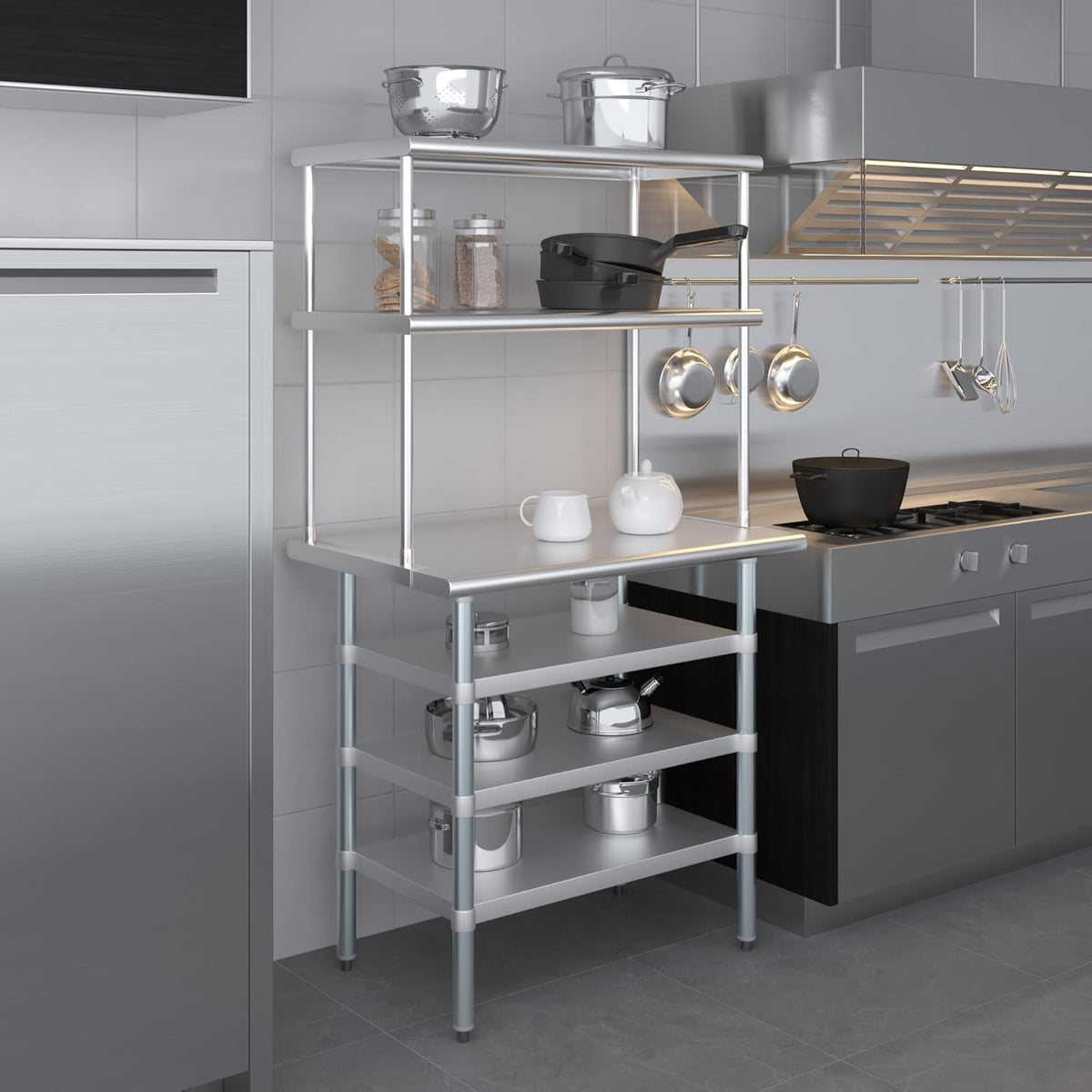 Amgood 24" x 36" Stainless Steel Work Table with 3 Shelves and 18" Wide Double Tier Overshelf | Metal Kitchen Prep Table & Shelving Combo | NSF