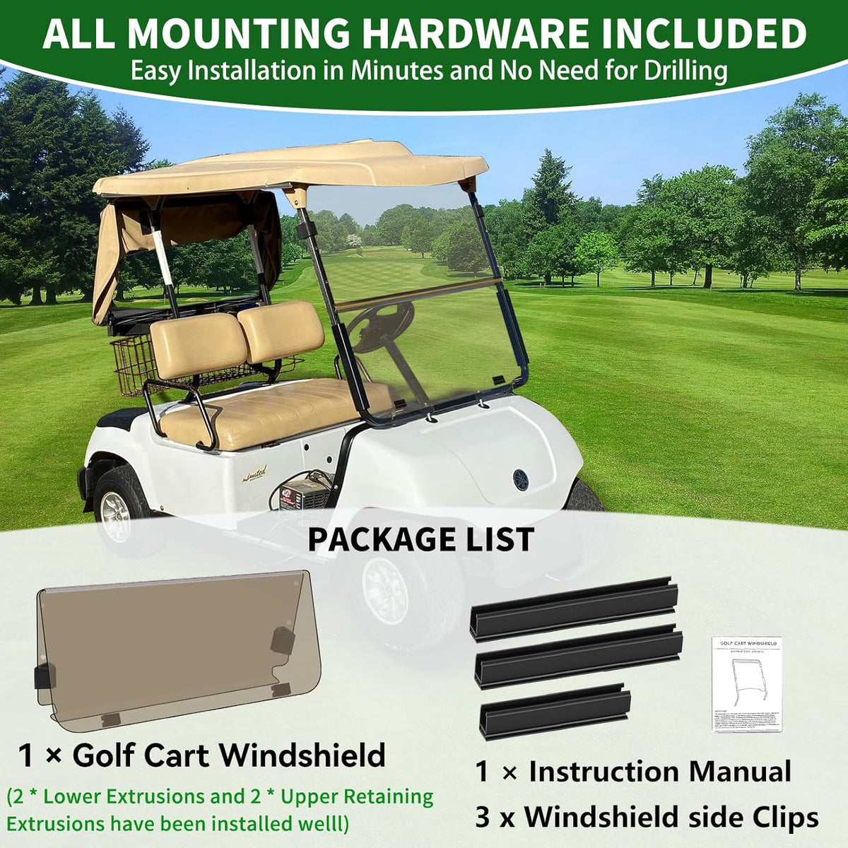 Golf Cart Foldable Windshield 3/16" (5MM) Thicken Only Fits 2003-2006 Yamaha G22, Fits 1"×1" Strut Rail Front Folding Acrylic Windshield Replacement, Included Mounting Hardware - Tinted