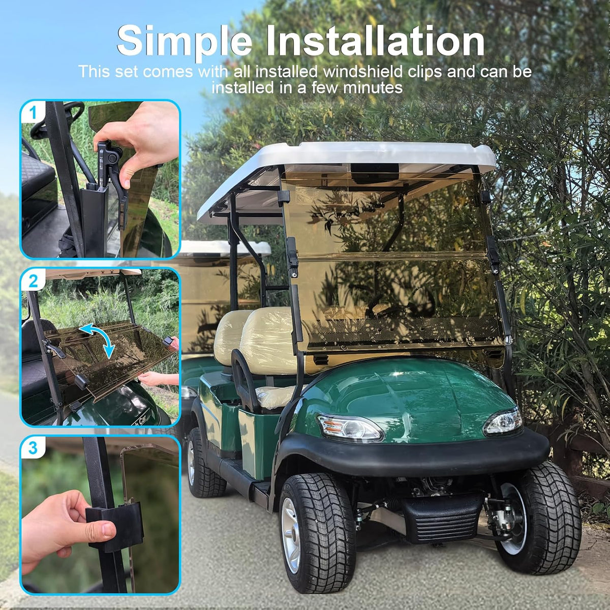 Club Car Precedent Windshield,Golf Cart Windshield for Precedent/Tempo/Onward (2004-Up)– Heavy Duty Hinges, Foldable, Anti-UV & Impact Resistant, 5MM Thick PC Material, 37.6"W X 33.2"H (tinted)