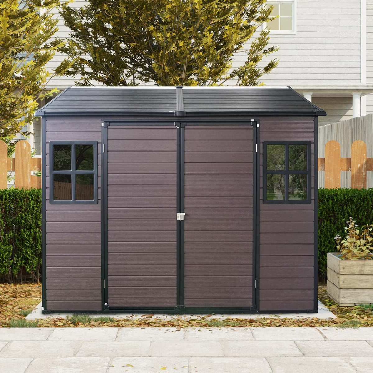 8x6 FT Outdoor Storage Shed with Floor,Waterproof Resin Plastic Bike Shed with Vents & Windows, Lockable Door, Garden Tool Shed Easy to Assembly for Lawn, Backyard, Patio, Brown