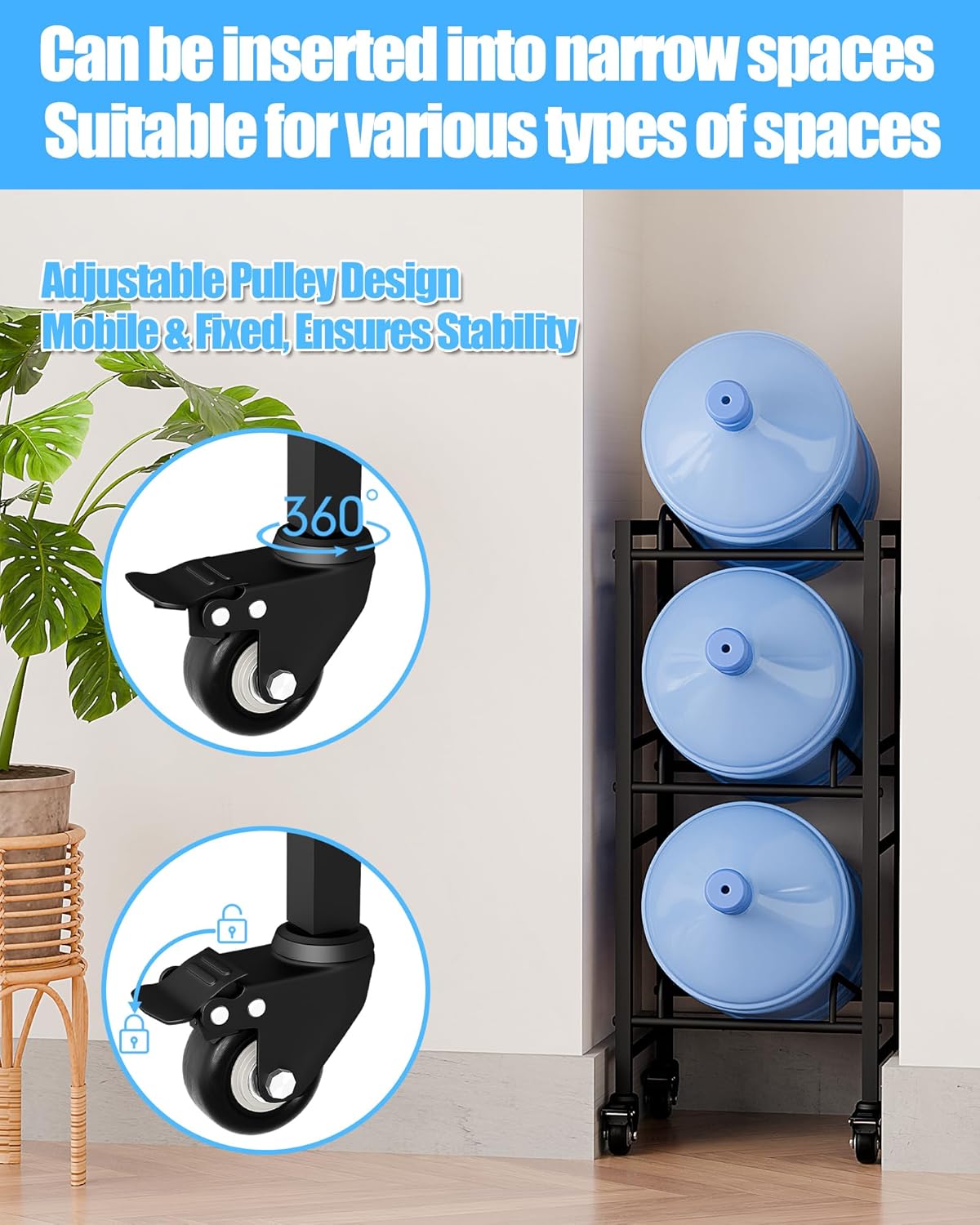 5 Gallon Water Jug Holder, Movable 3 Tier Heavy Duty Water Rack with 4 Wheels, Rack for Water Jug Storage, Space Saving Water Stand for Three 5 Gallon Water Jugs, Black