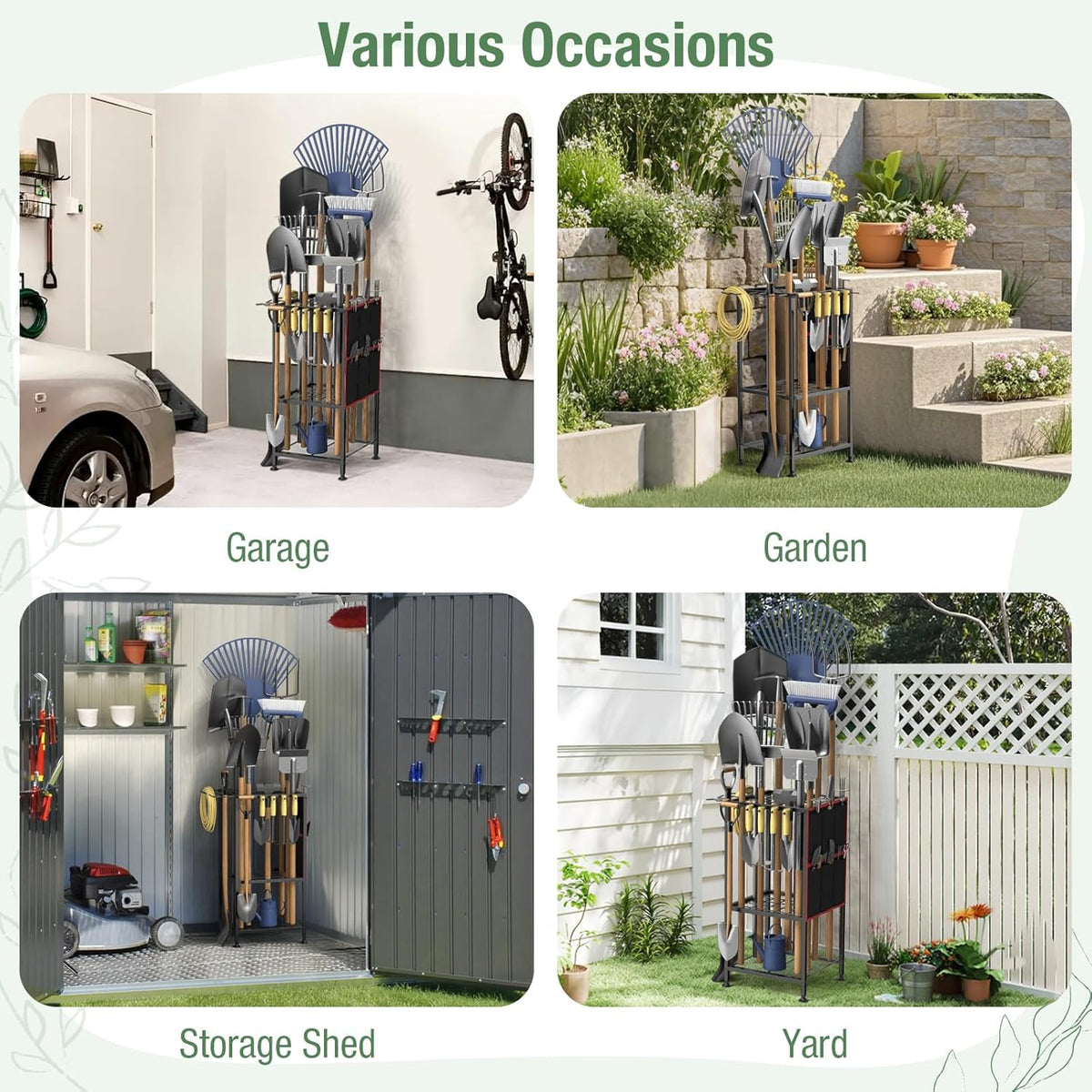 Garden Tool Organizer,Metal Yard Tool Organizer,Holds 50 Long-Handled Tools/Rakes/Brooms,Side Garden Pocket,Heavy Duty Steel Yard Tool Storage Rack for Garage,Shed, Outdoor