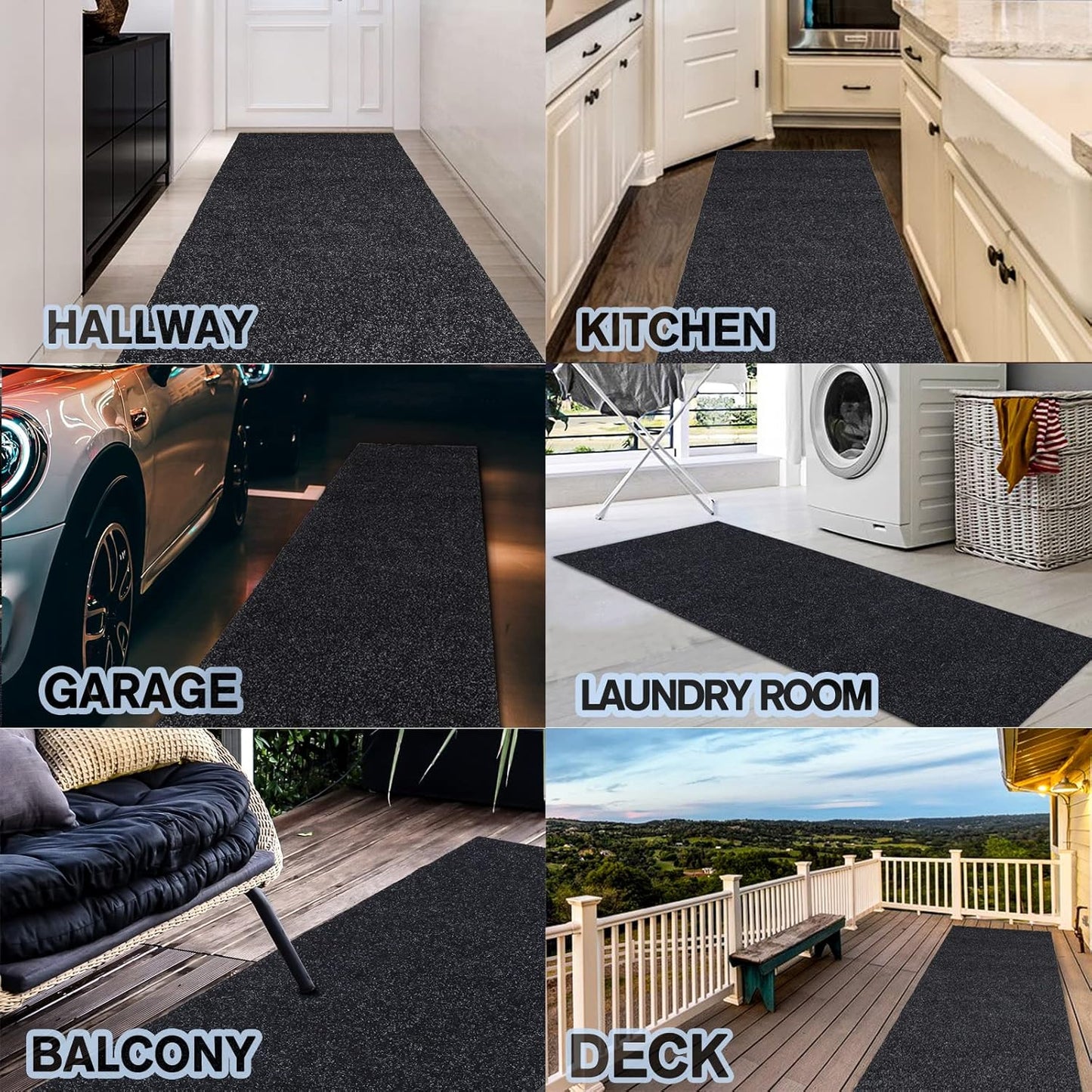 Custom Size Backed Non-Slip Area Rugs Runner, Easy Clean, Waterproof Runner Rugs for Hallway Entryway, Kitchen, Laundry, 2FT x 34FT, Black
