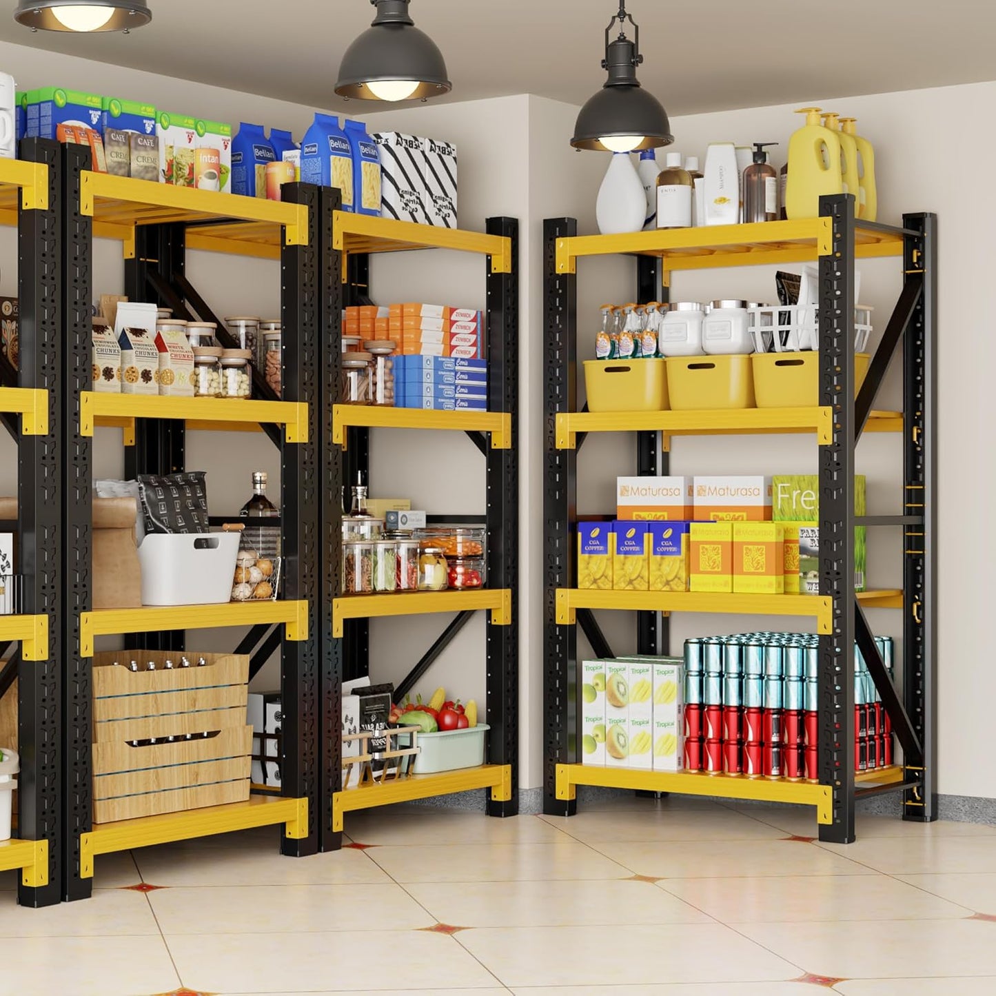 3000LBS Garage Shelving 32" W Garage Shelving Heavy Duty 4-Tier Metal Storage Shelves Adjustable Shelf Unit Storage Rack for Basement Supermarket Warehouse 32" W x 20" D x 63" H Yellow