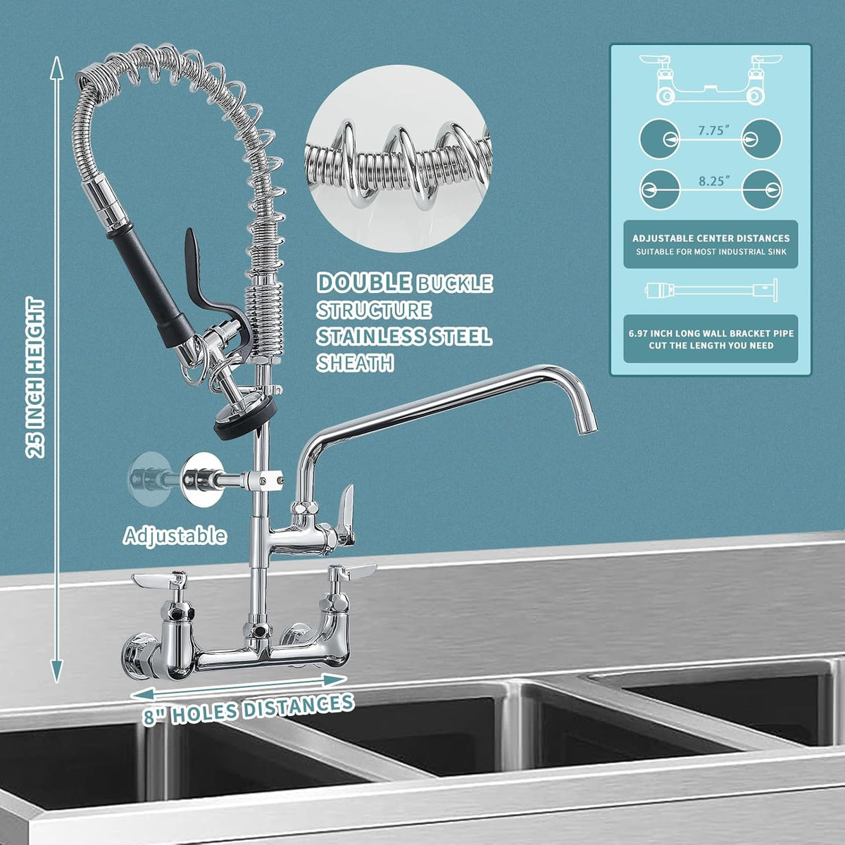 Fapully Commercial Kitchen Faucet,Wall Mount Kitchen Sink Faucet with Pre-Rinse Pull Down Sprayer,25‘’ Height 8'' Center 3 Compartment Sink Faucets with 12.2'' Swing Spout Chrome
