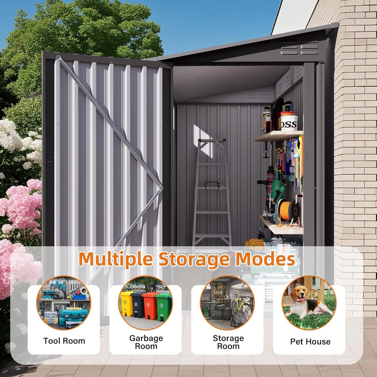 4x9 FT Outdoor Metal Storage Shed with Sloping Roof, 2 Vents and 1 Side Door, Weather-Resistant Galvanized Steel Garden Tool House for Backyard, Patio, Lawn, Garage