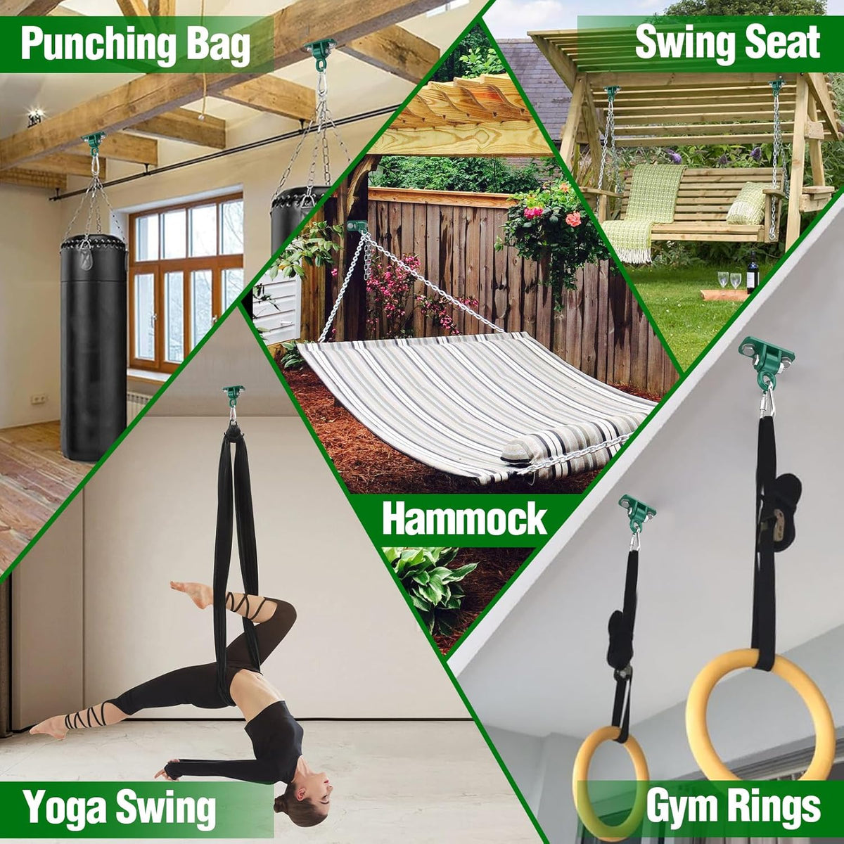 BETOOLL Swing Hangers with Bearing, Heavy Duty Porch Swing Hanging Kit for Outdoor Playground Tree Ceiling Mount Hardware Brackets with Snap Hooks for Yoga Hammock Sandbag Accessories 2PCS Green