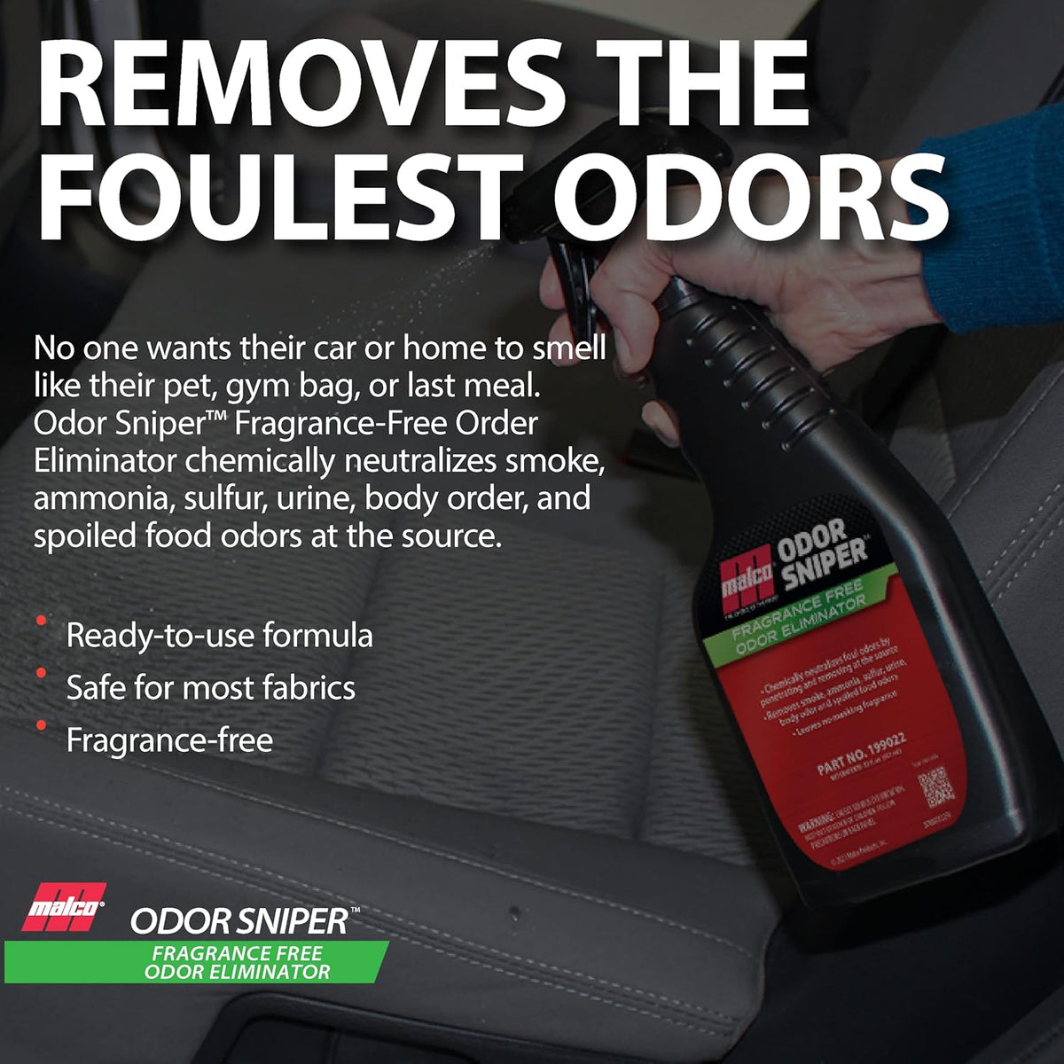 Malco Odor Sniper - Fragrance-Free Odor Eliminator for Car Interiors/Penetrates Odors at the Source/Chemically Neutralizes Foul Scents in Your Vehicle / 22 Oz. (199022)