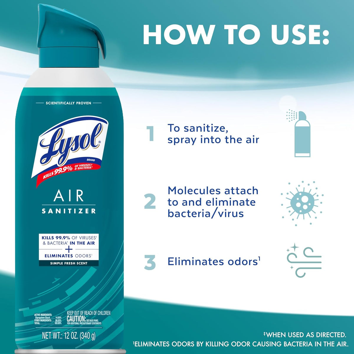 Lysol Air Sanitizer Spray with Odor Eliminator for Home & Office, Sanitizing Spray, Air Freshener Alternative, Simple Fresh Scent, 10 oz (Pack of 3)