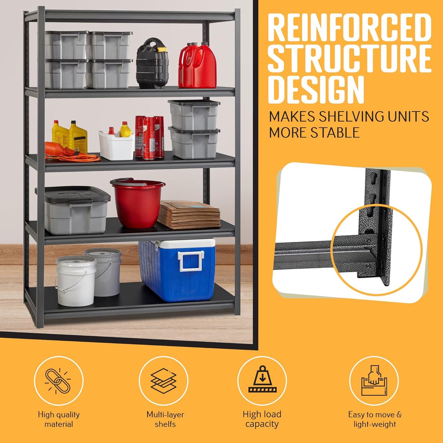 Rigma 5 Tier Garage Shelf, Heavy Duty Steel Shelving Unit, Adjustable Metal Multi-use Storage Rack, Shelves for Garage, Basement, and Industrial Warehouse Or Office (36" W X 16" D X 72" H 5-Tier)
