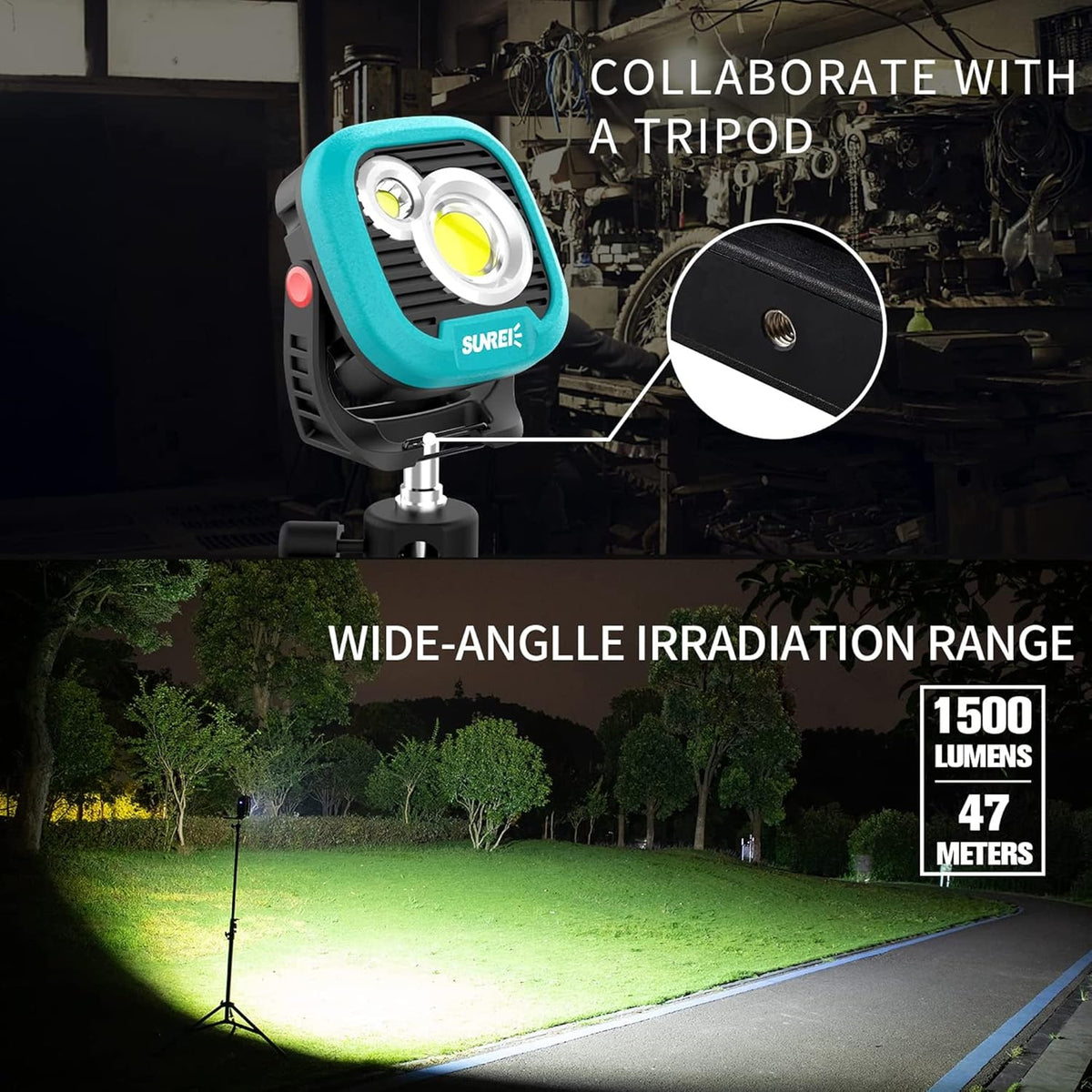 LED Rechargeable Magnetic Work Light SUNREI Mechanic Light Power Bank 180° Rotating, 1500LM, 6 Modes, Magnetic&Hook, 13500mAh Battery, Magnetic Flashlight for Camping, Car Repairing (Blue)