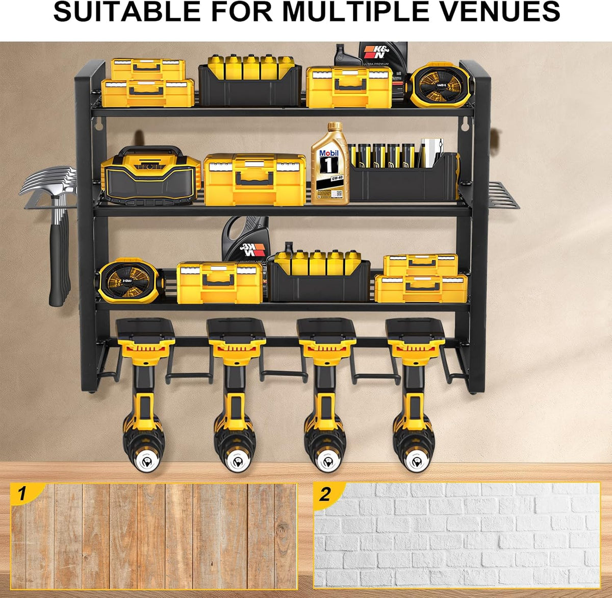 4 Layers Power Tool Organizer Wall Mount, Garage Wall Shelving, 4 Drill Holder Wall Mount, Cordless Tool Organizer, Garage Storage Rack with 4 Extension Cord Holder