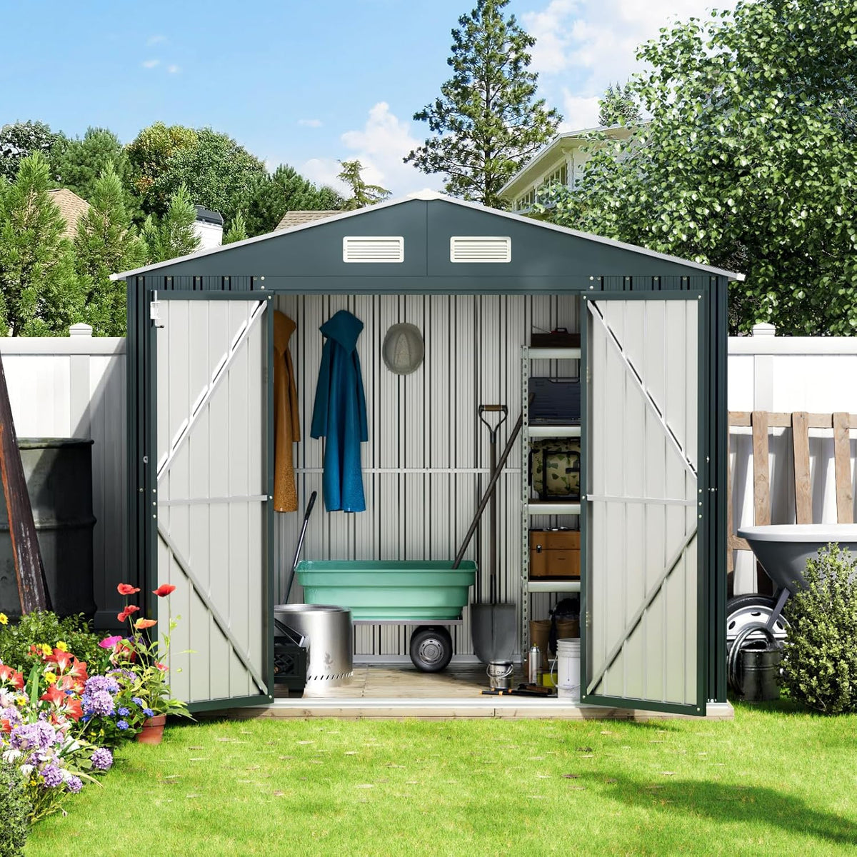 6X8X6.4FT Outdoor Steel Storage Shed with Lockable Doors, Frame Floor (No Wood/Other Boards),One Clear Window,Ideal for Garden, Backyard, Patio Storage
