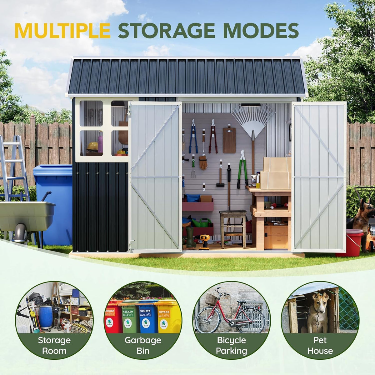 Breezz 6X8FT Outdoor Steel Storage Shed with Clear Window, Lockable Doors, Weather-Resistant Metal Tool Shed for Garden, Backyard, Patio, and Utility Storage.Nightblue