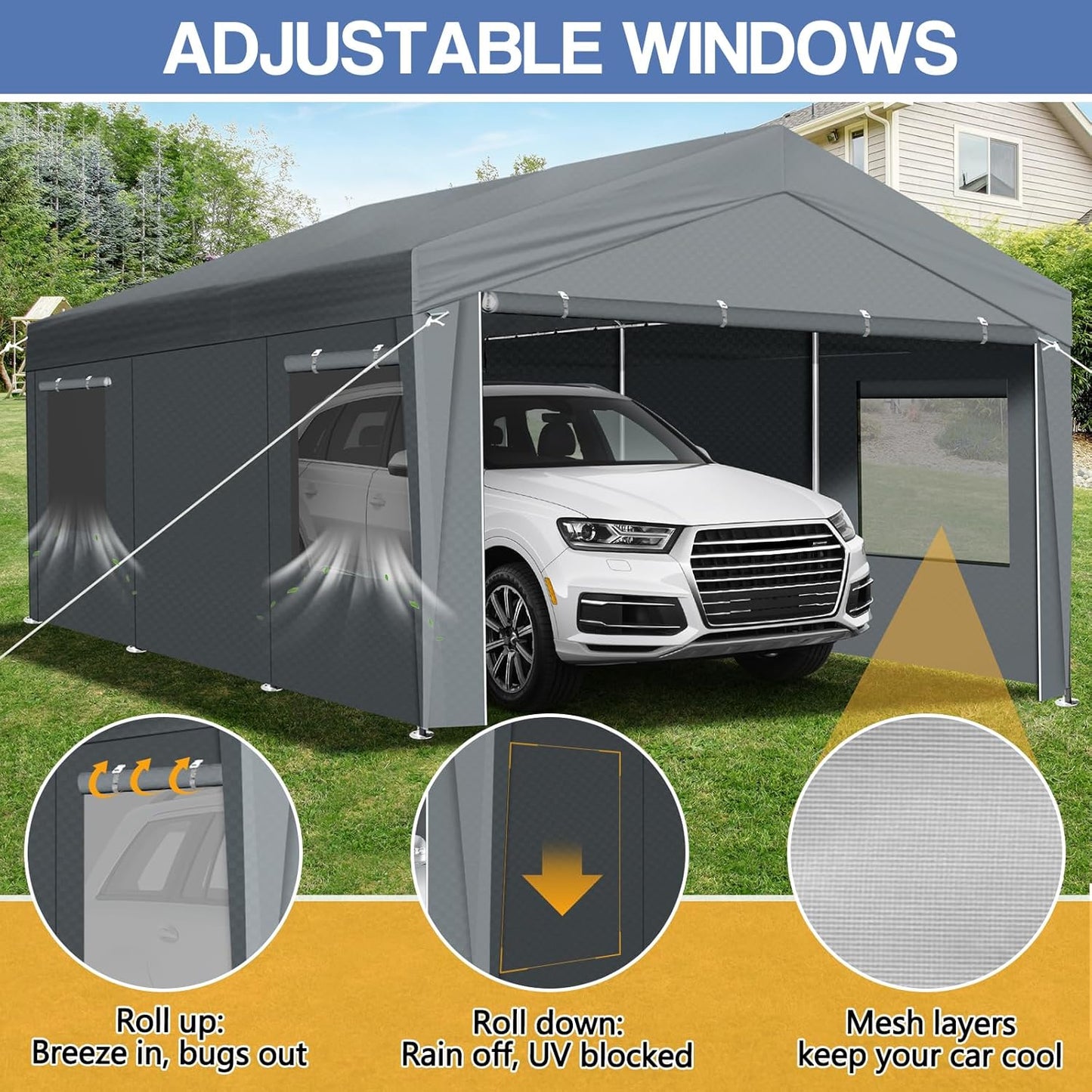 VINGLI 12 x 20 ft Outdoor Portable Storage Shed, Heavy Duty Bike Tent with Roll-up Zipper Door & Windows, Waterproof and UV Resistent Carport for Motorcycle, Garden Tools and Firewood