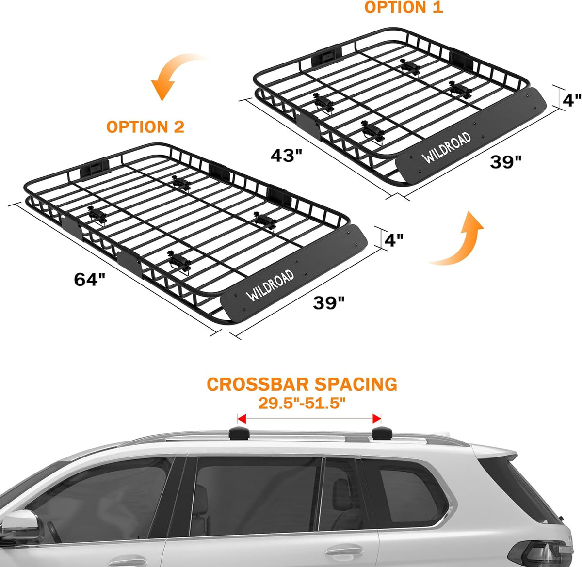 WILDROAD Roof Rack Cargo Basket, Upgraded 4” Fence Car Roof Basket with Extension, 64"x 39"x 4" Universal Car Top Luggage Holder Carrier Basket Fits for SUV Truck Cars