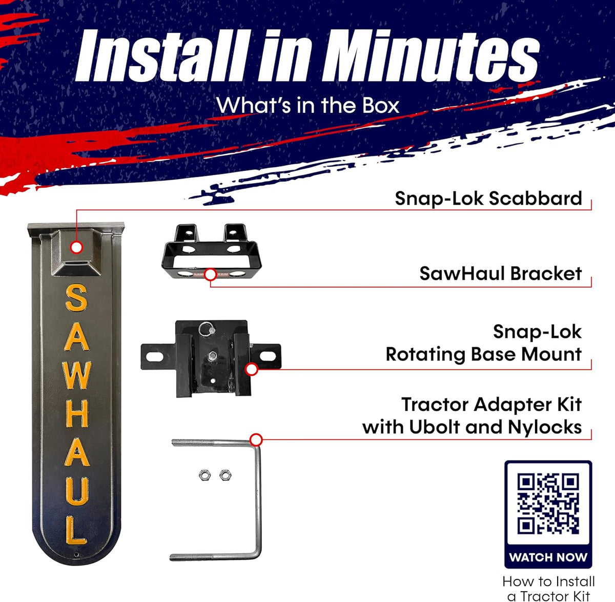 SawHaul Snap-Lok Universal Chainsaw Carrier Kit for Tractors and Skid Steers – 20 Inch Orange Scabbard with Rotating Mount – Compatible with All Chainsaw Brands – Made in USA