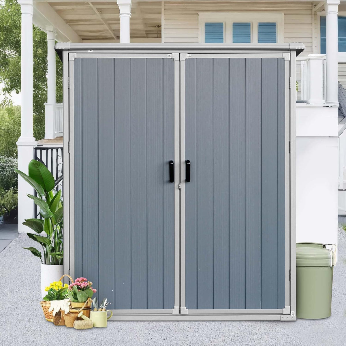 5 X 3 Ft Outdoor Storage Shed with Floor, Weatherproofing Garden Tool Shed with Lockable and Sloping Roof Design, Outdoor Resin Shed Cabinet for Backyard Patio and Garden (White+Gray)