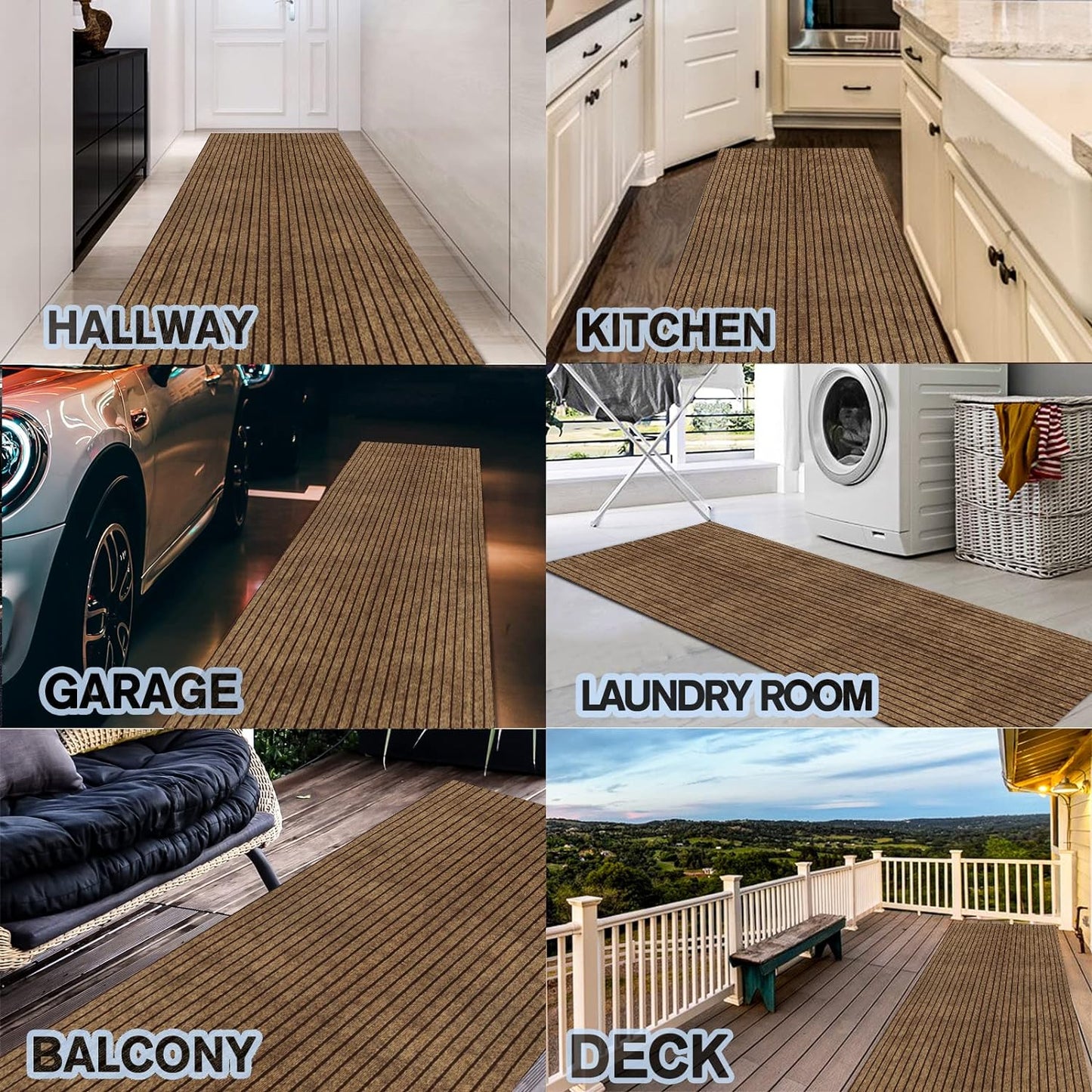 Custom Size Backed Non-Slip Area Rugs Runner, Easy Clean, Waterproof Runner Rugs for Hallway Entryway, Kitchen, Laundry, 3FT x 16FT, Brown Stripe
