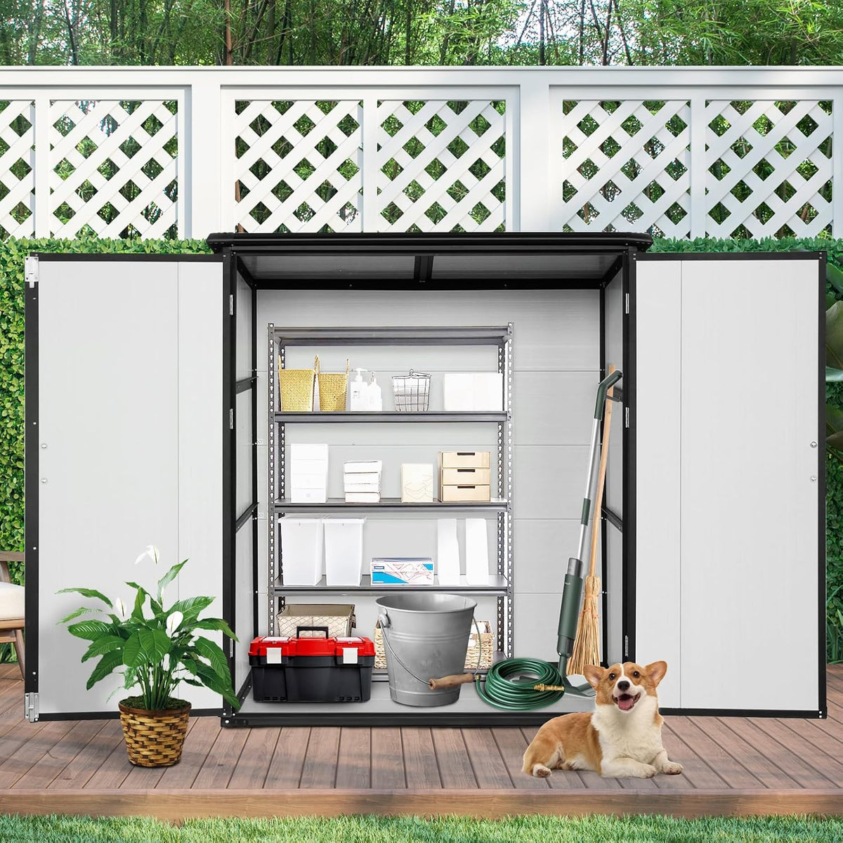 5x3 FT Resin Outdoor Storage Shed with Floor, Waterproof Resin Cabinet with Lockable Doors, Plastic Tool Shed for Patio Furniture, Bikes, Accessories,White+Black
