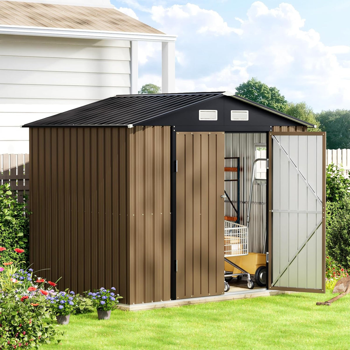 8X6FT Outdoor Steel Storage Shed with Lockable Doors, Frame Floor (No Wood/Other Boards),One Big Window,Ideal for Garden, Backyard, Patio Storage,Brown
