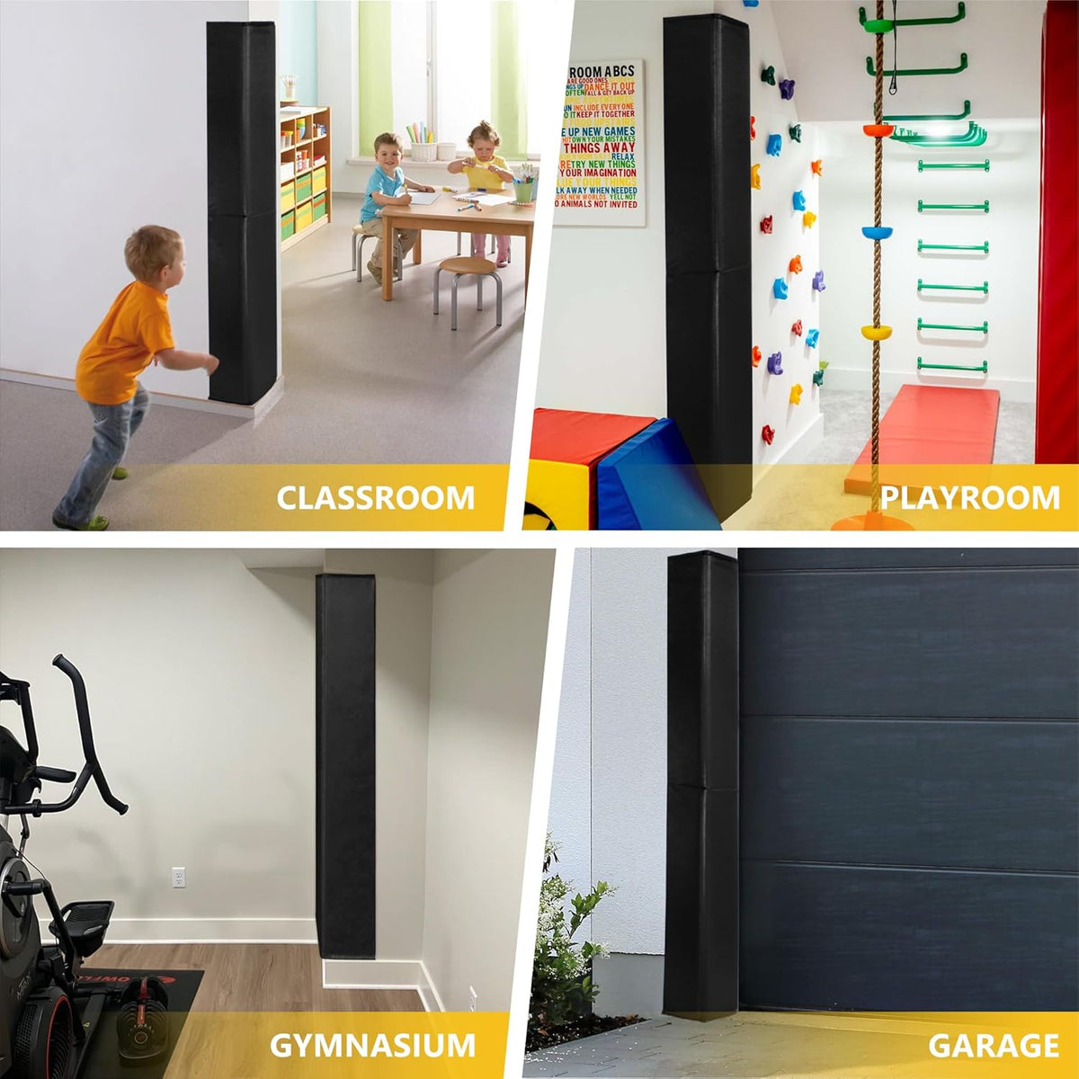 Wall Corner Guards & Edge Protector, Heavy Duty Wall Corner Protective Safety Padding, All-Weather 2 Sides Corner Pad for Gyms, Basketball Court, Playrooms, Garages,etc. (Black, 5FT Tall 6in Sides)