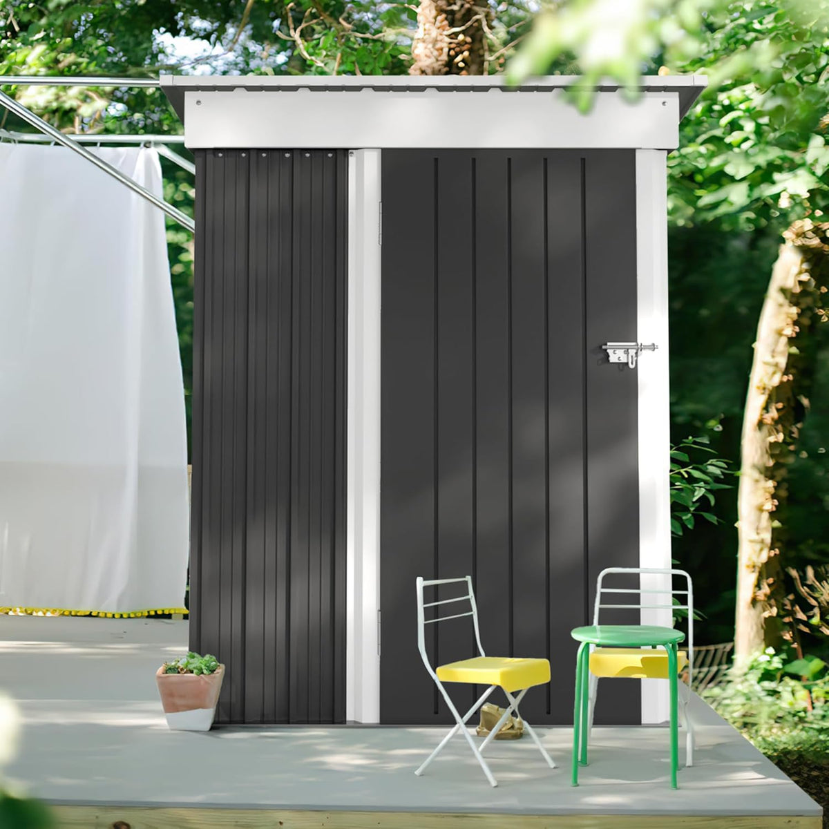 JUMMICO Metal Outdoor Storage Shed 5 x 3 FT Metal Shed with Lockable Door,Waterproof Garden Tool Shed Storage House for Backyard Patio Lawn,Grey