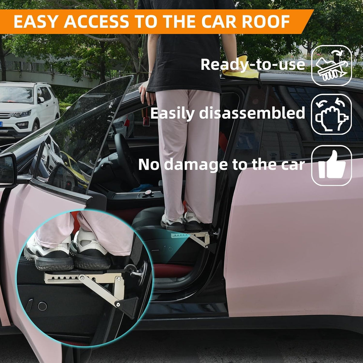 Car Door Step, Universal Fit Door Step for Car Roof Access, Adjustable Stand Pedal for Door Latch, Supports Both Feet, Roof Rack Accessories for Most Car, SUV, Vehicles