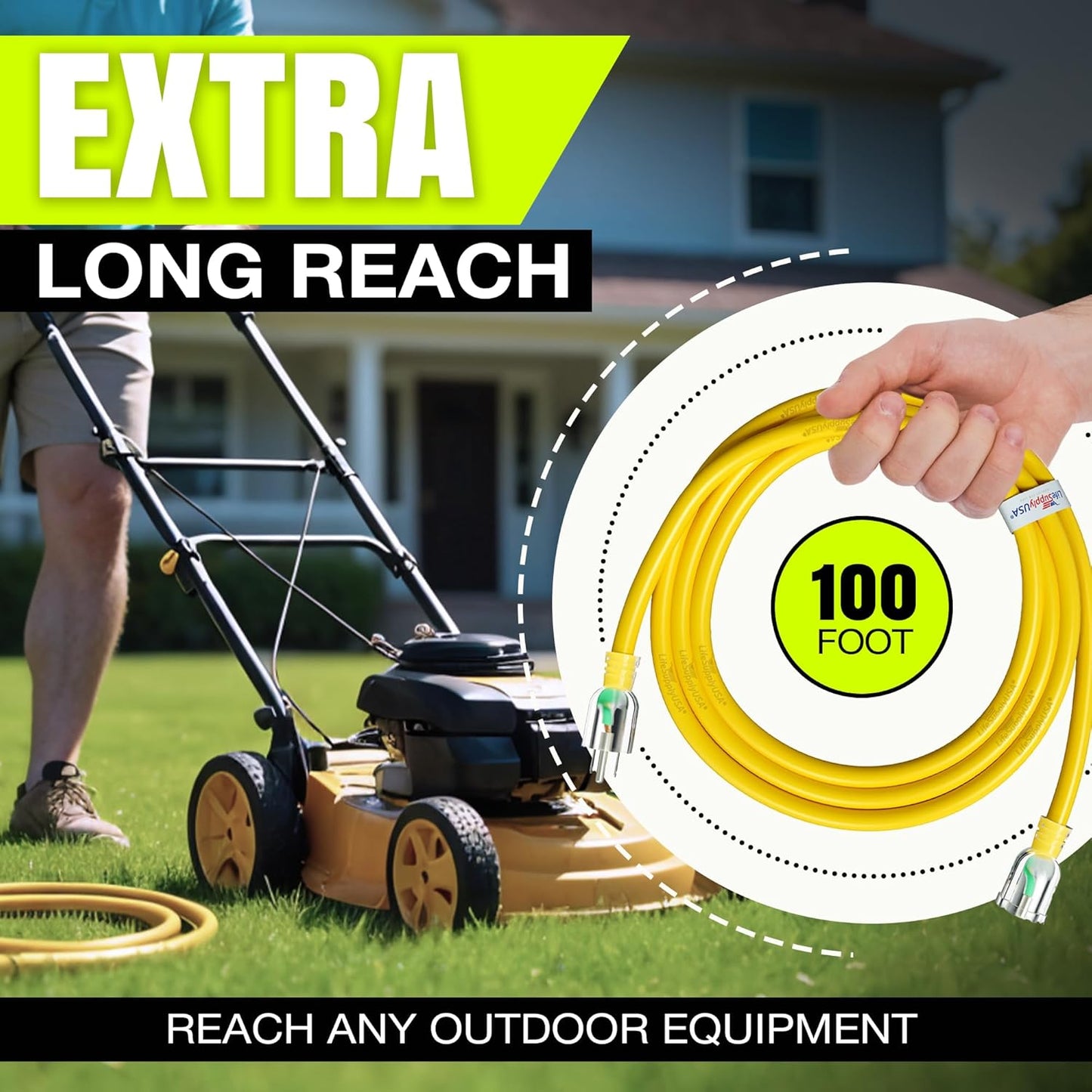 100ft Outdoor/Indoor Extension Cord 16/3 Gauge Heavy Duty 3 Prong SJTW, Waterproof, Flexible Cold-Resistant Long Power Cord,10A 125V 1250W, Yellow by LifeSupplyUSA