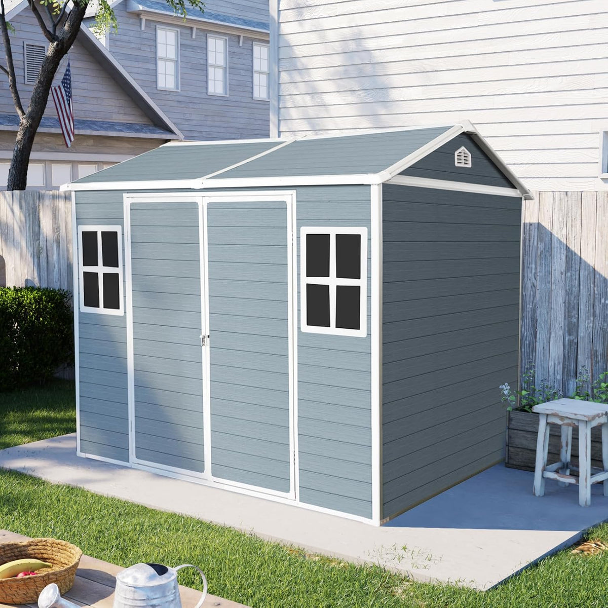 8x6 FT Outdoor Storage Resin Shed with Floor,Waterproof Plastic Garden Bike Shed with Lockable Door, Sloped Roof, Vents & Windows, Easy Assembly Tool Shed for Lawn, Backyard, Patio, Grey