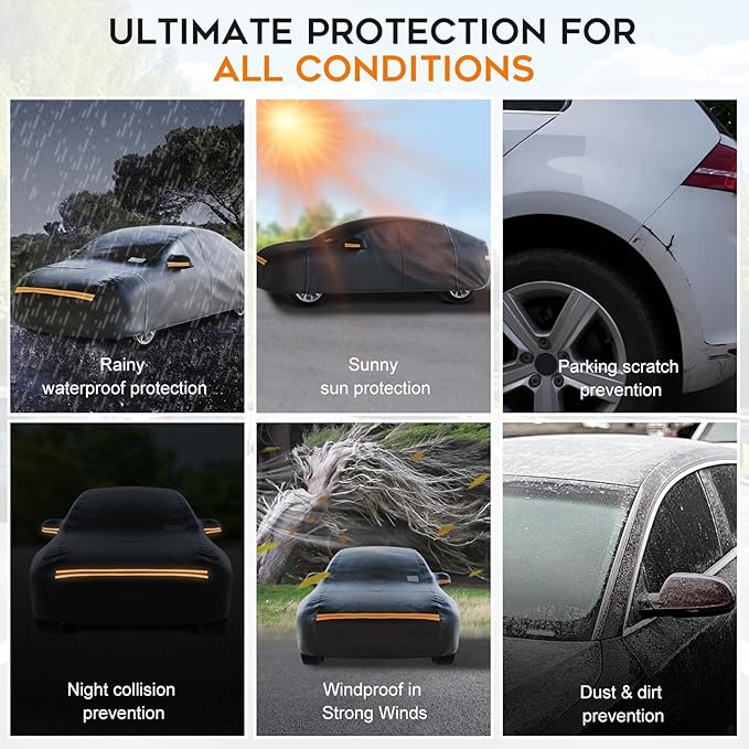 Sedan Car Cover Waterproof All Weather for Automobiles,Outdoor Heavy Duty Full Exterior Covers with Zipper Door, Rain Sun Snow Dust UV Protection, Windproof Straps & Reflective Strips(Up to 213")
