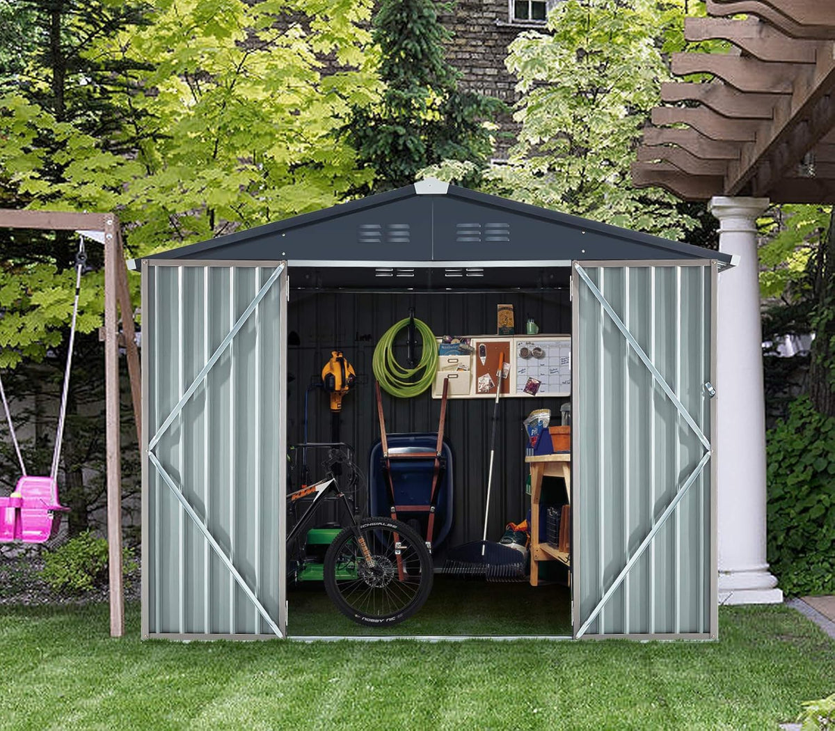 AECOJOY 8' x 6' Metal Storage Shed for Outdoor, Steel Backyard 6x8 Sheds & Outdoor Storage with Lockable Doors, Utility and Tool Storage for Garden, Backyard, Patio, Outside use