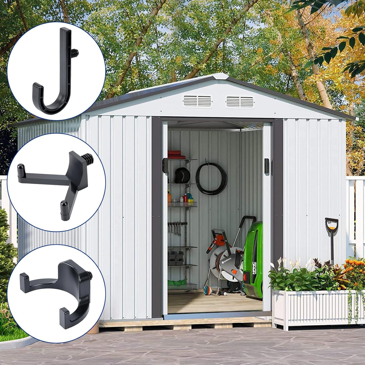 6 Pcs ABS Storage Shed Tool Hooks, Heavy Duty Shed Accessories & Hooks - Compatible with Suncast & Craftsman Sheds, Black J/U/V Shape for Organizing Garden Tools and Hoses in Outdoor Sheds
