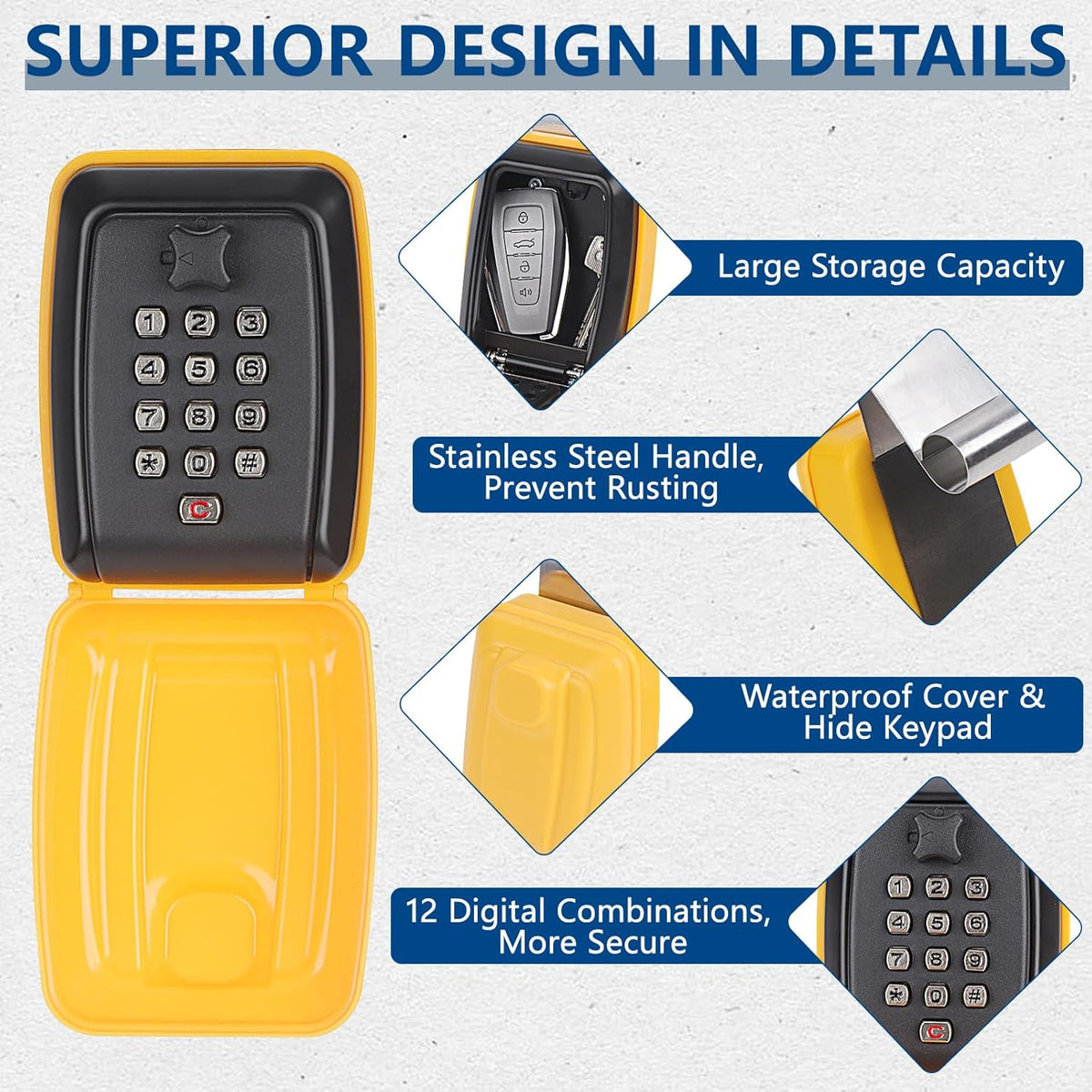 Car Window Punch Button Lock Box, Yellow Portable Car Key Lock Box with Key Labeling Tag, Sturdy Waterproof Large Capacity Lock Box for Turo, Ride Share, GetAround