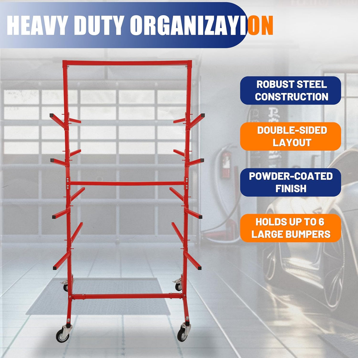 HECASA Bumper Adjustable Storage Rack Steel Floor Mobile Bumper Storage Rack - Double Sided for Automobile Parts Storage Red Powder Coated