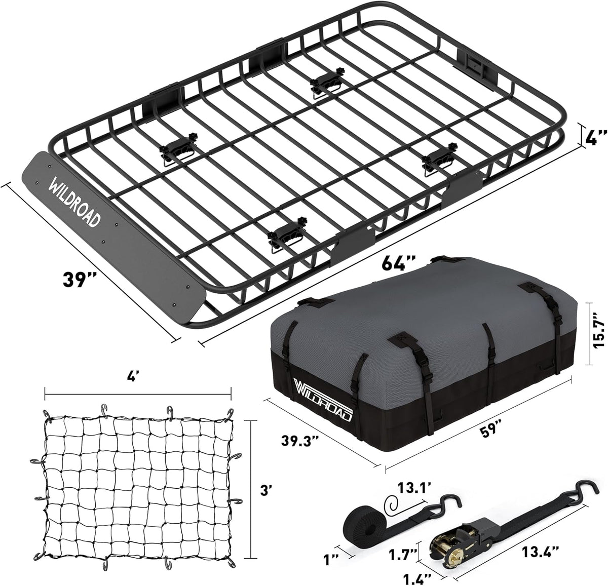 WILDROAD Car Roof Cargo Basket Combo of Upgraded 64"x 39"x 4" Roof Rack Cargo Basket with 21 Cubic ft Waterproof Cargo Bag, Cargo Net, Ratchet Straps and Anti-Rust Sealant