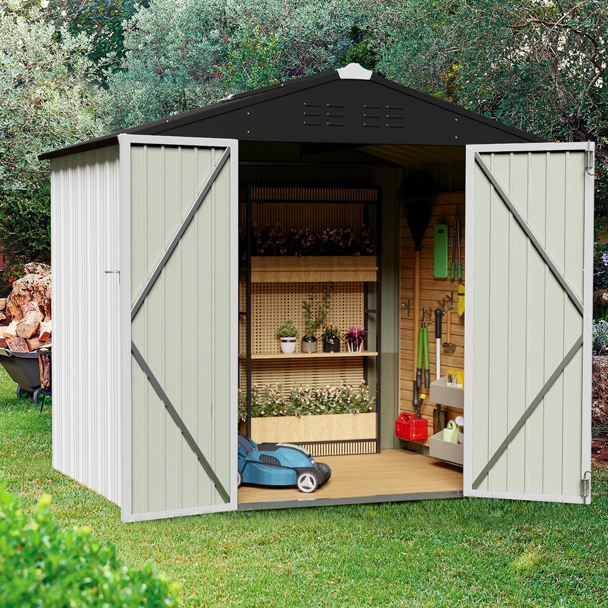JUMMICO Metal Outdoor Storage Shed 6 x 8 FT Metal Shed with Lockable Door,Waterproof Garden Tool Shed Storage House for Backyard Patio Lawn,White