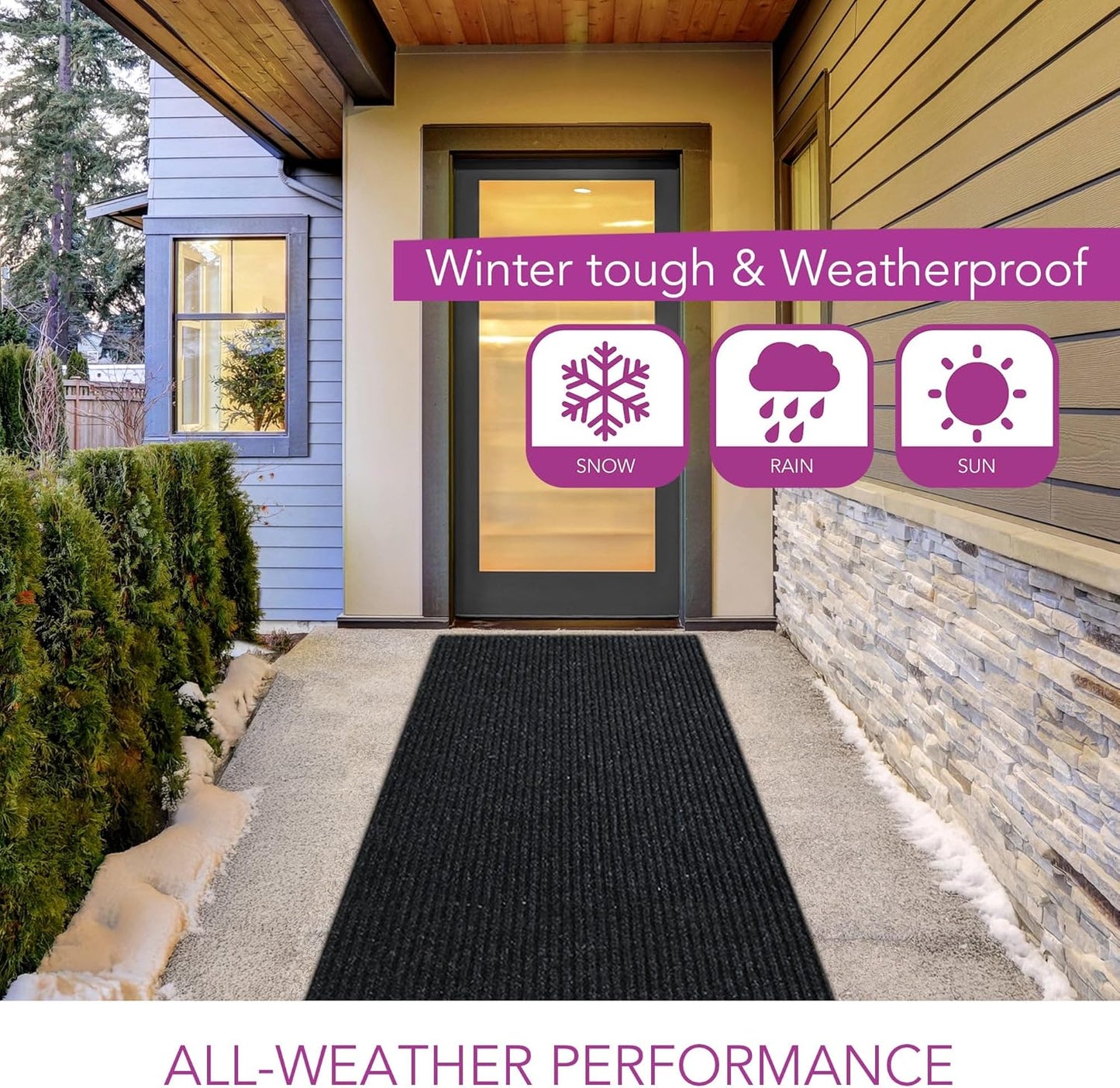 iCustomRug Spartan Weather Warrior Indoor/Outdoor Utility Ribbed Carpet Runner with Non-Slip Thermoplastic Rubber Backing, 3ft X 26ft in Black