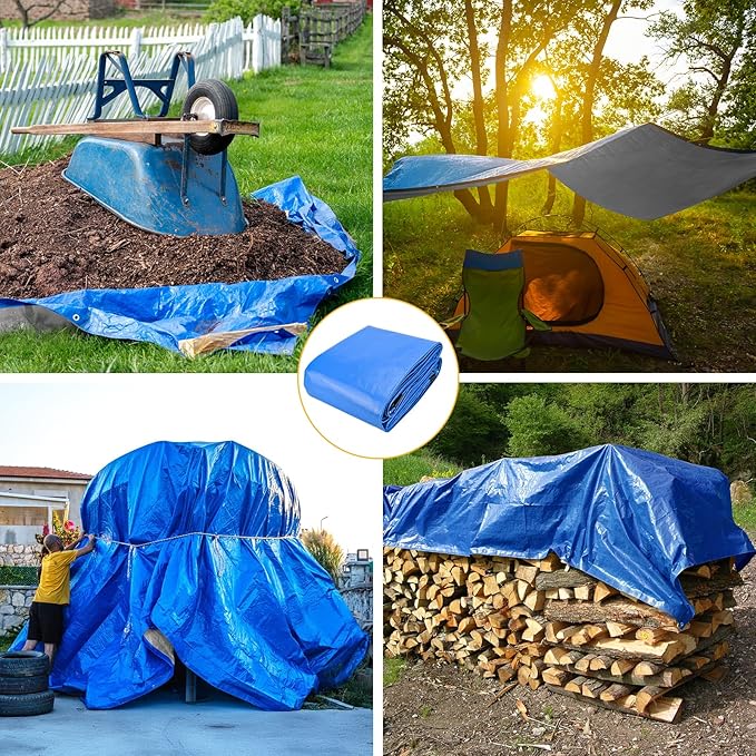 Tarp 8x10 Feet 14 Mil Heavy Duty Waterproof Tarp, Large Multipurpose Cover with Brass Grommets and Reinforced Edges, UV Resistant Thick Poly Tarps for Outdoor Camping Tent Pool Car, Blue