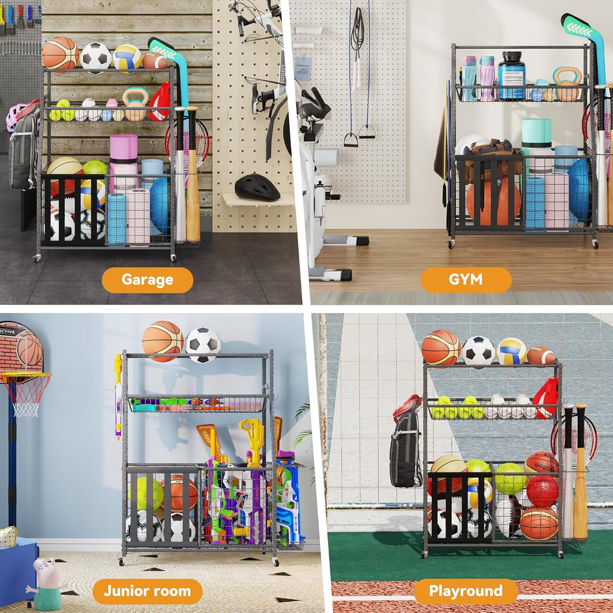 HOMREST Sports Equipment Storage, Ball Storage, Ball Holder, Garage Sports Organizer with Basket and Hooks, Rolling Sports Ball Storage with Wheels for Toy Sports Gear Storage, Black