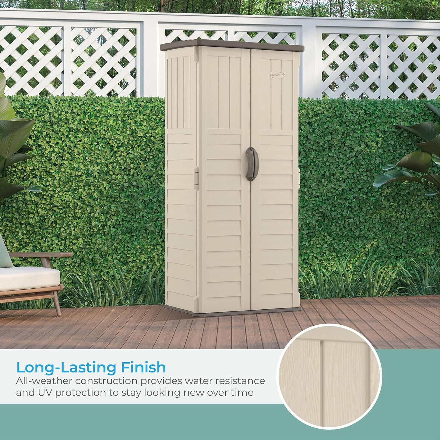 Suncast Vertical Outdoor Storage Shed with Reinforced Floor, Lockable Double Doors, All-Weather Construction, and Multi-Wall Panels, Vanilla, Made in the USA
