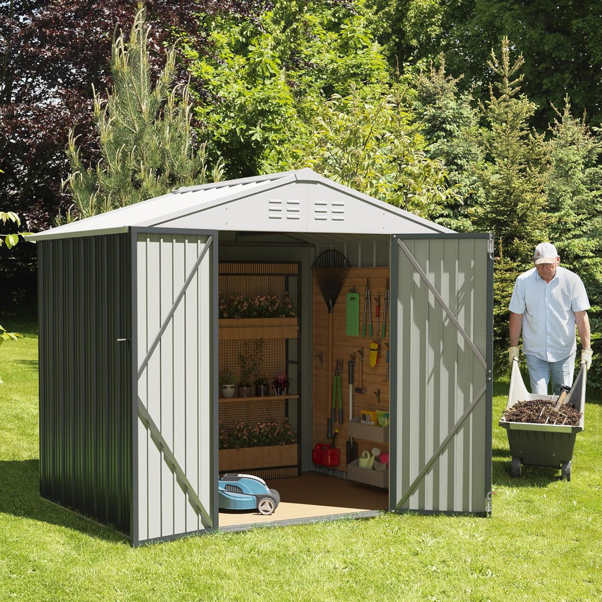 JUMMICO Metal Outdoor Storage Shed 6 x 8 FT Metal Shed with Lockable Door,Waterproof Garden Tool Shed Storage House for Backyard Patio Lawn,Grey