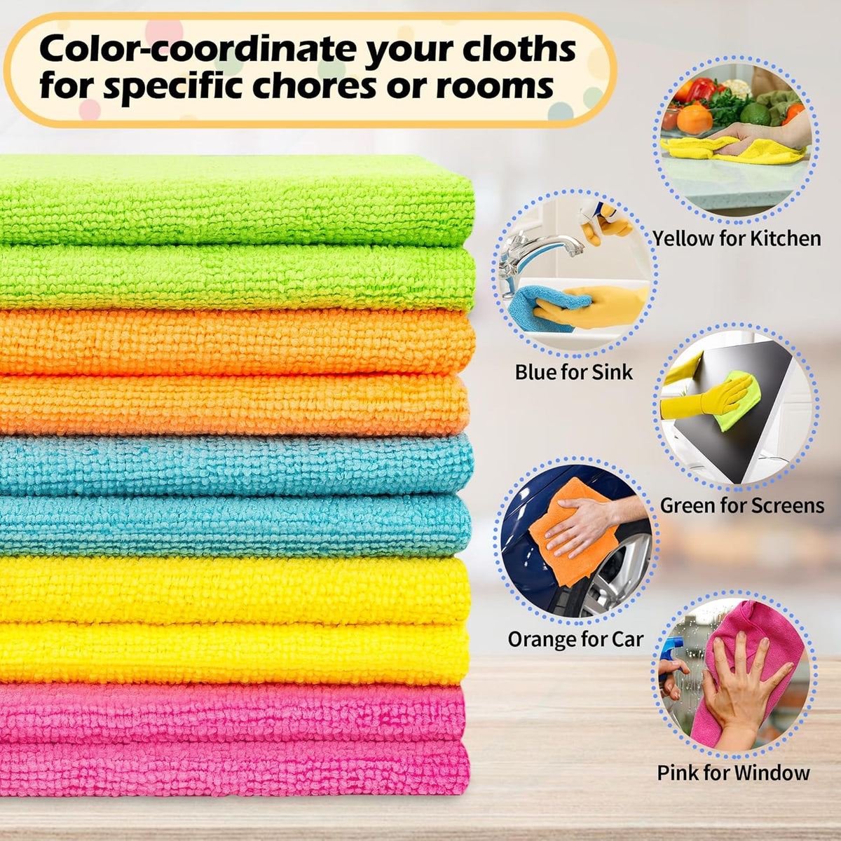 FIXSMITH Microfiber Cleaning Cloth, 50 Pack Cleaning Rags, Cleaning Towels for Housekeeping, Kitchen, Car, Lint-Free, Reusable Shop Towels with 5 Colors (Green/Blue/Yellow/Orange/Pink), 12"X12"