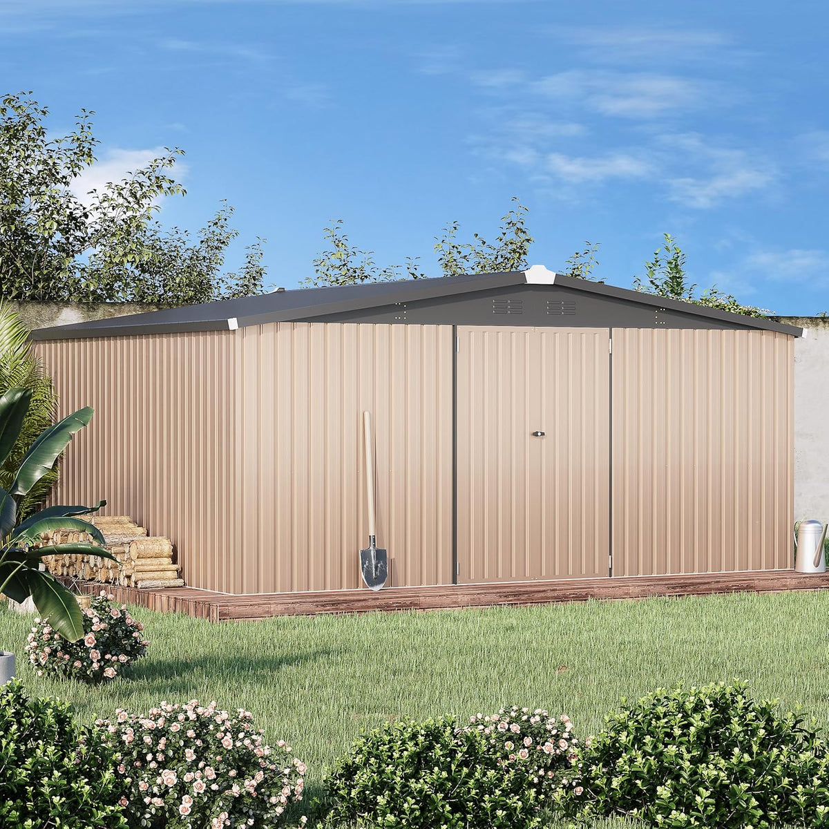 AECOJOY 14' x 12' Shed Outdoor Metal Storage, Large Storage Sheds & Outdoor Storage Clearance 14' x 12', Large Steel Yard Shed, Tool Storage for Garden, Backyard, Patio, Outside use in Grey