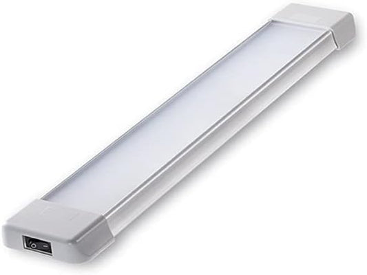 LED Interior Utility Light Fixture 10.6" x 2.6", High Lumen-Output Low Current Draw Energy Efficient, Frosted Lens 6000K Cool-White Even Diffused Beam, On/Off Rocker Switch 12V-24V DC, 1-Pack