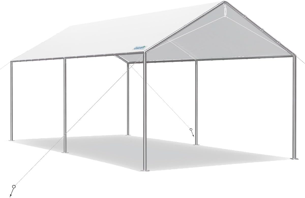 Quictent 10x15 ft Heavy Duty Car Canopy Galvanized Frame Carport Outdoor Party Tent Boat Shelter with 3 Reinforced Steel Cables - White