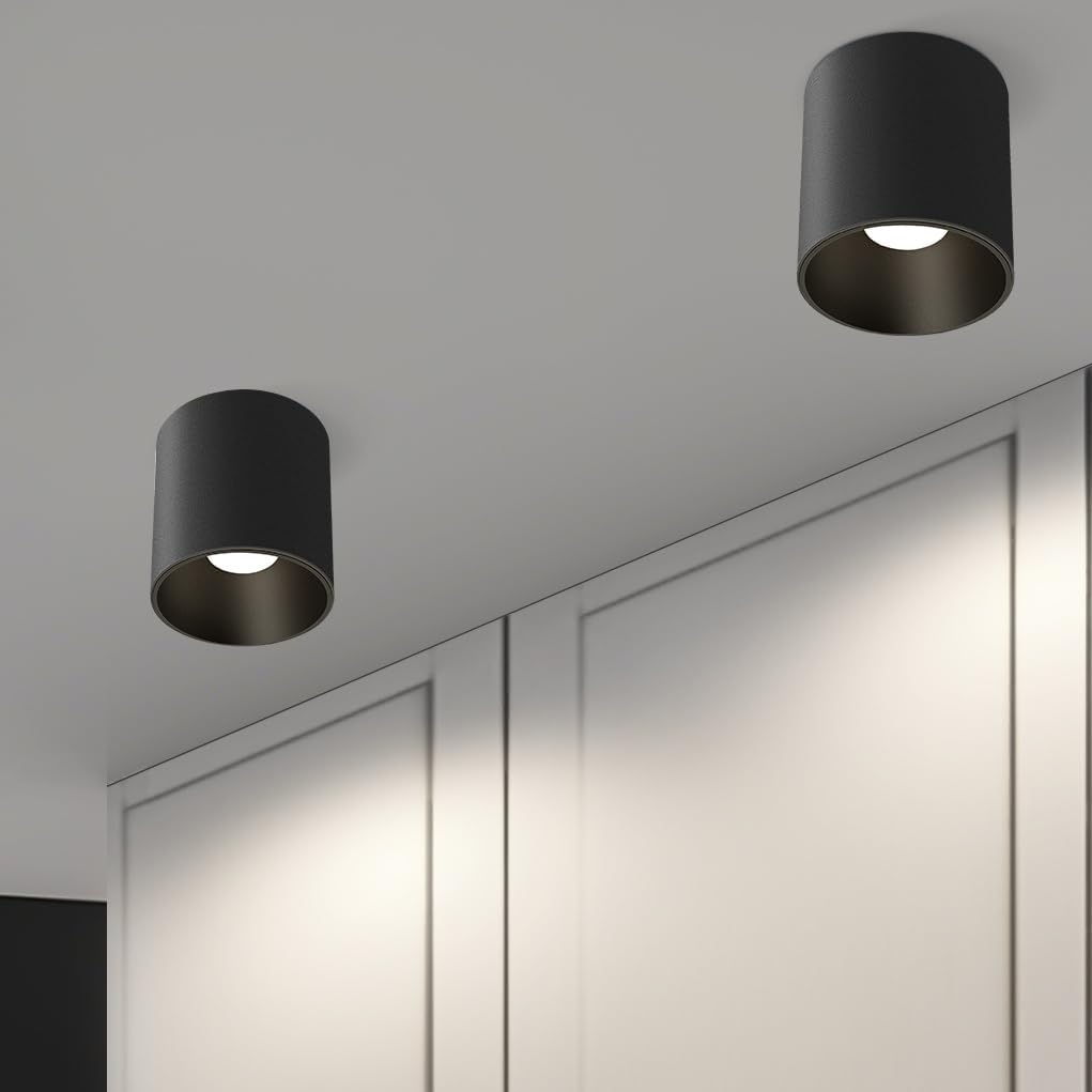 Modern Ceiling Light Fixture, Dimmable Flush Mount 4.72'' Black Cylinder Ceiling Light for Living Room, Hallway, Foyer, Dining Room - 3000K, 15W, CRI 90, 2 Pack