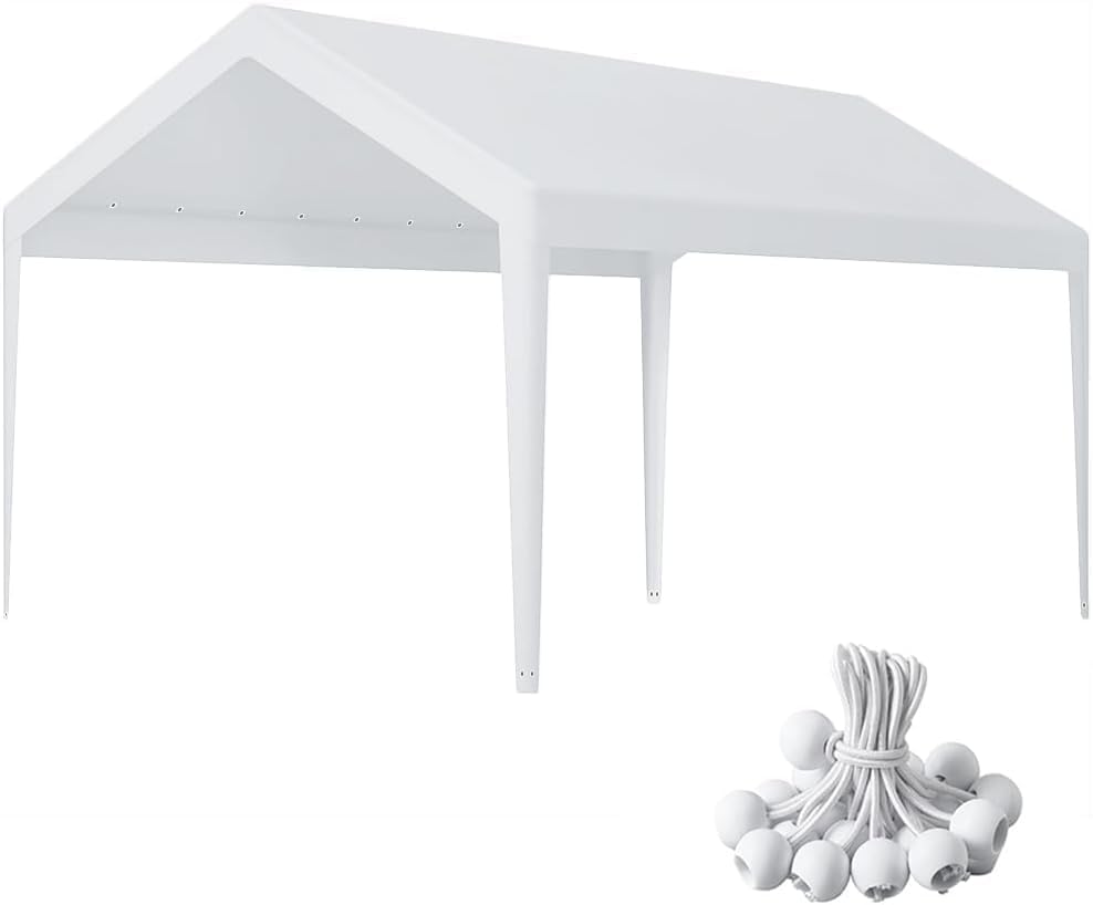 Rutile 10 x 20 FT Carport Replacement Cover, Heavy Duty Car Tarp Canopy Tent Garage Top Shelter With Fabric Leg Pole Skirts and Ball Bungees - White (Only Top Cover, Frame Not Included)